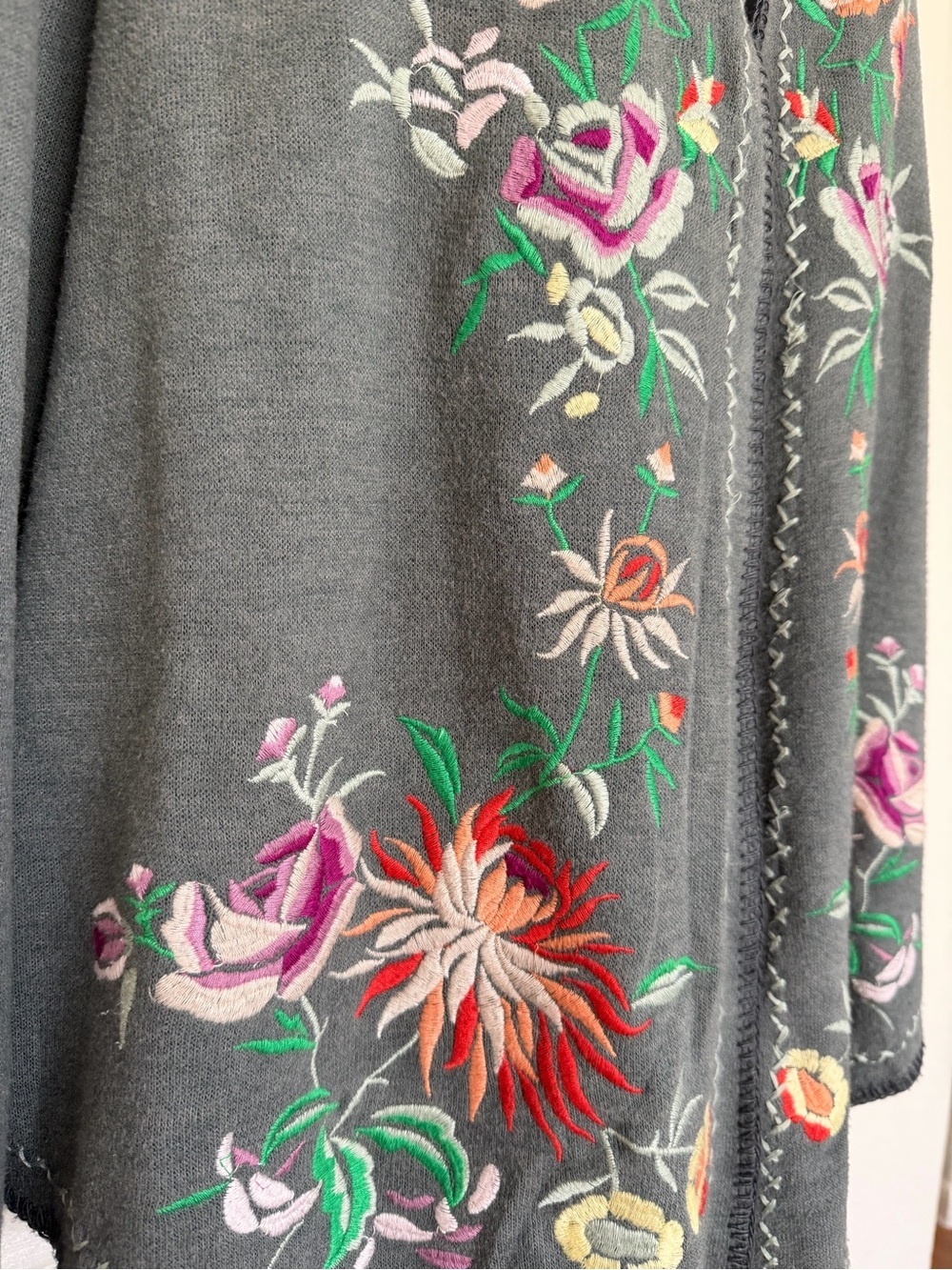 Paparazzi Floral Embroidered Open Front Cardigan Jacket Gray Boho Vintage - Picture 3 of 8